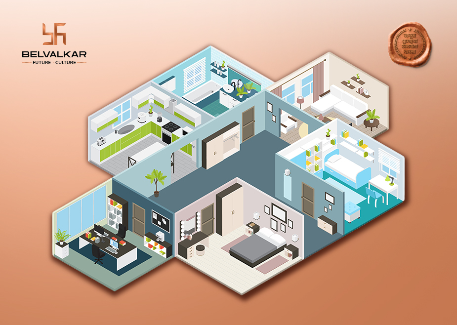 3D floor plan render showcasing modern apartment redevelopment project layout in Pune with smart space planning and contemporary interiors