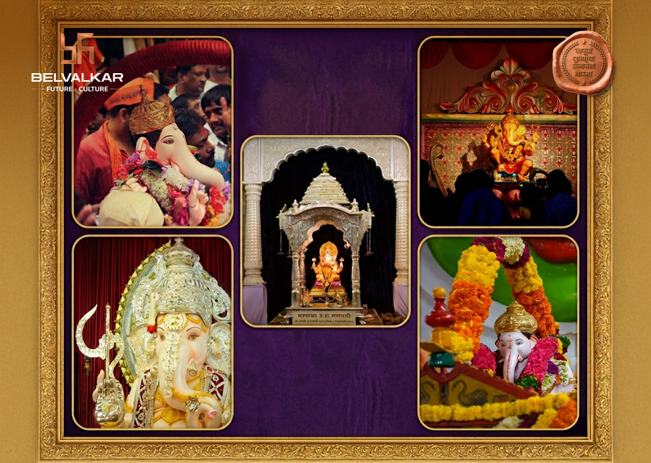 Collage of Pune’s 5 Manache Ganpati idols including Kasba Ganpati, Tambadi Jogeshwari, Guruji Talim, Tulshibaug Ganpati, and Kesariwada Ganpati during Ganeshोत्सव 2026 celebrations.