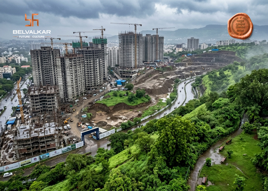 Urban redevelopment projects in Pune replacing green spaces during monsoon, highlighting environmental impact on city ecology.