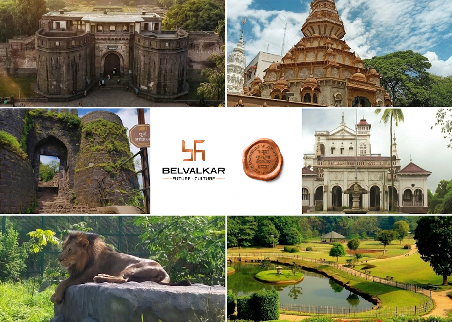 Collage of iconic tourist attractions and modern residential projects in Pune showcasing the city's vibrant lifestyle