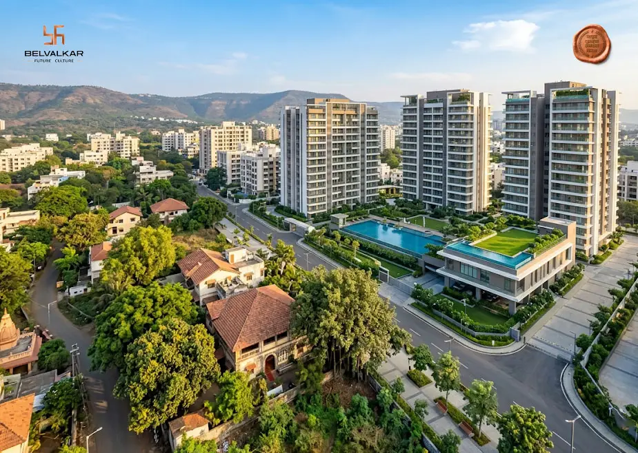 Aerial view of Kothrud, Pune showcasing modern luxury residential towers surrounded by lush greenery and well-planned urban infrastructure.