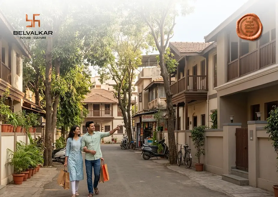 Navi Peth Pune showcasing its traditional neighbourhood charm alongside modern residential homes.