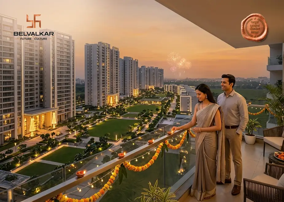 Modern residential apartments in Pune decorated for Dussehra and Diwali, reflecting festive homebuying trends in 2026.